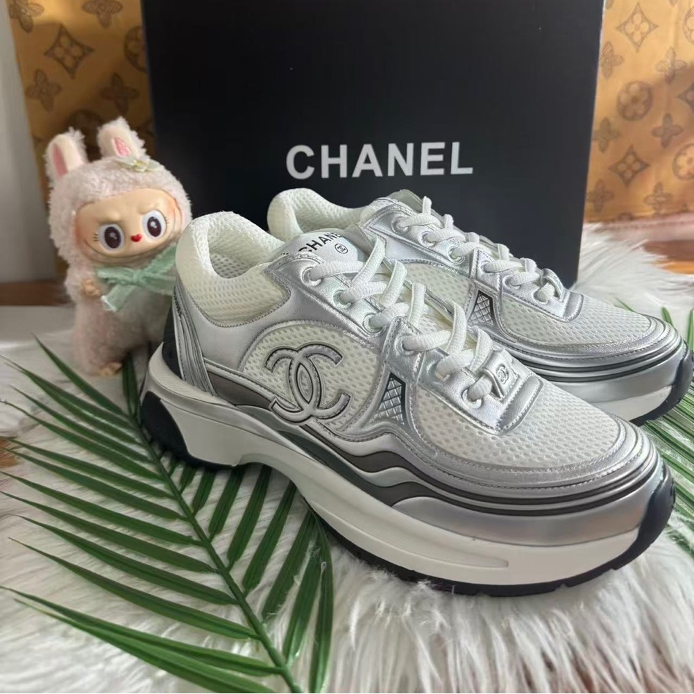 ✨ Chanel Silver & White Mesh CC Logo Platform Sneakers ✨